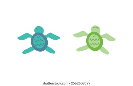 Two colorful, minimalist sea turtle illustrations in green and teal hues, isolated on a white background. Perfect for designs.