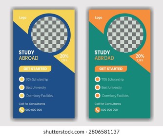Two colorful mobile app mockups promoting study abroad programs with call-to-action buttons and icons for scholarships, universities, and consultations.