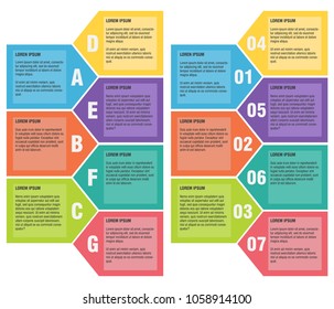 Two colorful (multicolored) set (from 1- to 7, from A to G) of templates for infographics (numbers and letters) on a white background. Place for text. Vector illustration.