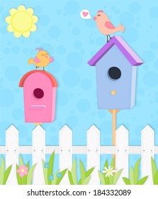 Two colorful nesting boxes with funny birds, paper stylized