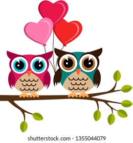 two colorful owls with heart balloons 
