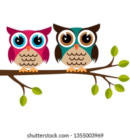 Two colorful owls on a branch