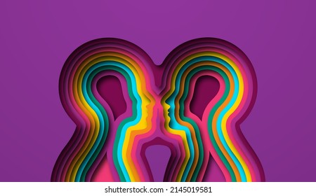 Two Colorful Paper Cut People Together On Isolated Background. Modern Papercut Human Couple Or Friend Team, Realistic 3D Relationship Illustration Concept.