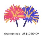 Two colorful pom poms representing cheerleading accessories in a flat vector illustration. One pom pom is pink and yellow while the other is blue and yellow.