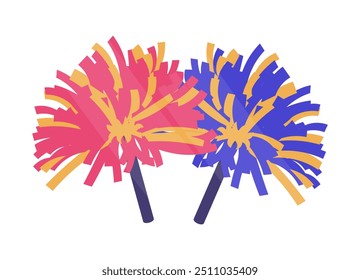 Two colorful pom poms representing cheerleading accessories in a flat vector illustration. One pom pom is pink and yellow while the other is blue and yellow.