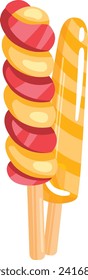 Two colorful popsicles, one twirled red and cream, other orange with stripes. Summer treats, refreshing dessert vector illustration.