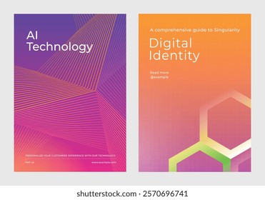 Two colorful posters. AI technology with abstract lines. Digital identity with hexagons. Modern design for AI. Vibrant AI and digital visuals. Digital transformation, colorful poster template vector.