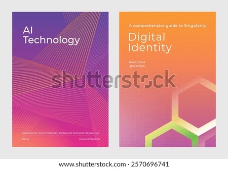 Two colorful posters. AI technology with abstract lines. Digital identity with hexagons. Modern design for AI. Vibrant AI and digital visuals. Digital transformation, colorful poster template vector.