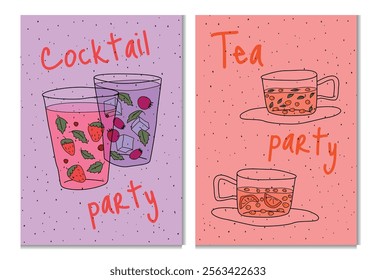 Two colorful posters featuring tea cups with fruit and herbs, and cocktail glasses with ice and berries. Party concept, invitation, menu design. Minimalist flat vector illustration. 