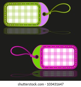two colorful price tags on black