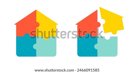 Two colorful puzzles in the shape of a house - assembled and in the process of assembly. Vector illustration isolated on white background