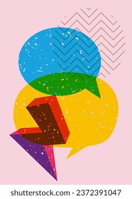 Two colorful risograph speech bubble, geometric shapes. Message sign in trendy riso graph design with geometry elements.