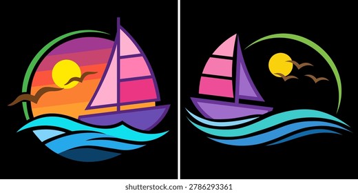 Two colorful sailboat illustrations on a black background, featuring a vibrant sunset with shades of pink, purple, orange, and yellow, with blue waves and birds in flight.