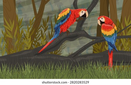 Two colorful scarlet macaw parrots Ara macao perched on tree branches in a dense tropical jungle landscape vector illustration