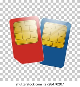 Two colorful SIM cards, one red and one blue, with metallic contacts for mobile communication devices.
