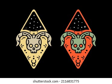 two colorful skull with curved horns illustration design