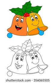 Two colorful smiling bells as coloring books for little kids - vector