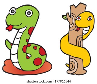 Two colorful snakes, green snake and yellow snake is coiling on a tree.