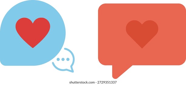 Two colorful speech bubbles contain red hearts, conveying messages of love and affection.