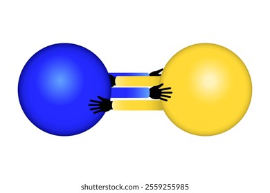 Two colorful spheres interacting with stylized hands connecting them in a playful design