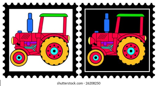 two colorful stamps with toy tractors