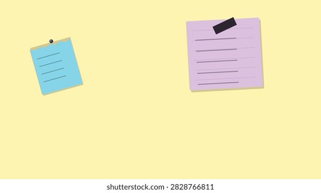 Two colorful sticky notes with handwritten text isolated on a bright yellow background, ideal for office or creative planning.