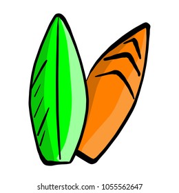 two colorful surfboard vector illustration sketch hand drawn with black lines isolated on white background