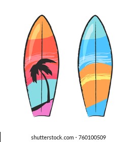 Two colorful surfing boards isolated on white. Vector illustration in graphic design of surfboards for floating on water with beach print and palm