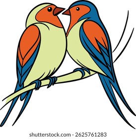 Two Colorful Swallow Birds Perched On Branch Vector Illustration Artwork