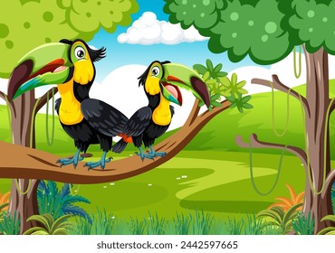 Two colorful toucans perched in a vibrant jungle