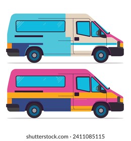 Two colorful vans are depicted in a flat vector illustration style, side view.