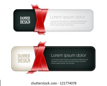 Two colorful vector banners braided with red silky glossy ribbons