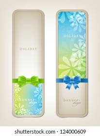 Two colorful vector vintage style holiday banners with bright floral backgrounds and silky ribbon bow knots