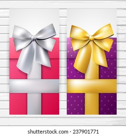 Two colorful vertical banners with bows, pink and purple vector gift cards with silver and  golden bows
