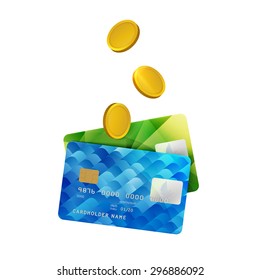 Two Colorful Visa Plastic Cards with Gold Coins. Vector Illustration of Business, Success, Money, Bank, Cashless Payments, Shopping and Others Concepts.