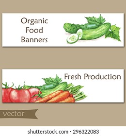 Two colorful watercolor banners with fresh organic food in vector. Hand drawn illustrations of fresh vegetables