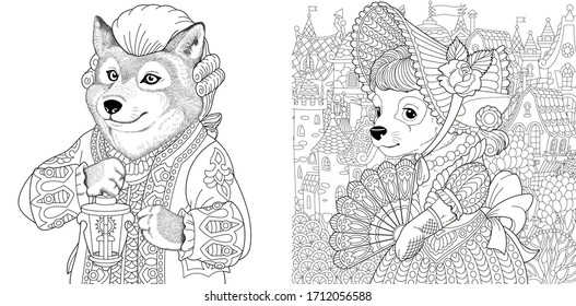 Two coloring pages with animals in vintage clothes. Wolf man and female puppy. Line art engraving design for adult or kids colouring book in zentangle style. Vector illustration set.