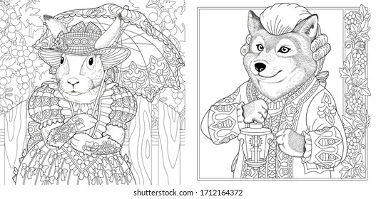 Two coloring pages with animals in vintage clothes. Bunny girl and wolf man. Line art engraving design for adult or kids colouring book in zentangle style. Vector illustration set.