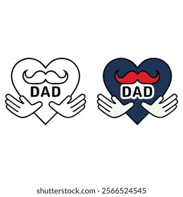 Two coloring pages of a heart with a mustache and DAD.