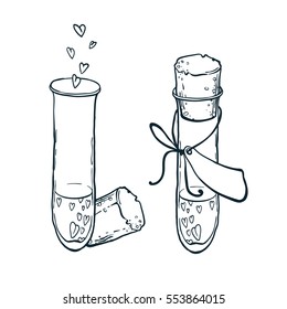 Two colorless tube-tests with hearts icon in hand drawn style. Love elixir. Vector illustration.