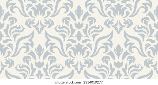 Two colors damask seamless pattern. Damask ornate wallpaper. Light indian background. Design for wrapping paper, backdrop, web, wedding invitation, textile. Monochrome fashion print. Vector pattern