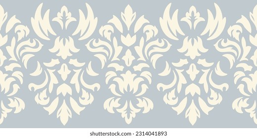 Two colors damask seamless pattern. Damask ornate border. Light indian background. Design for wrapping paper, backdrop, web, wedding invitation, textile. Monochrome fashion print. Vector stencil