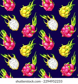 Two colors exotic cactus seamless pattern. Delicious yellow slices of pitaya with seeds. Pink dragon fruit wallpaper. Sweet organic pitahaya on dark blue background