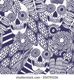 two colors hand drawn tattoo mexican scull floral ornamental seamless pattern