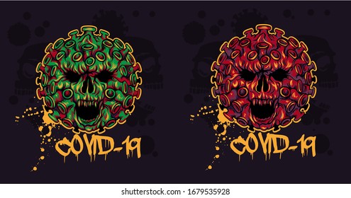 Two Colors Illustration Coronavirus with a human skull inside, as a symbol of mortal danger. Viruses in white color on a black neutral background. For prints on T-shirts