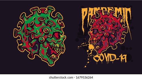 Two Colors Illustration Coronavirus with a human skull inside, as a symbol of mortal danger. Viruses in white color on a black neutral background. For prints on T-shirts