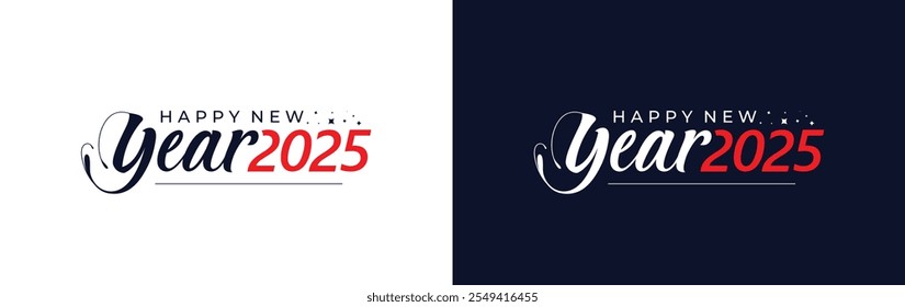 Two colors layout with Happy New Year 2025 handwritten lettering logo design. Vector holiday logo design. 2025 Happy New Year logo design.2025 Happy New Year.