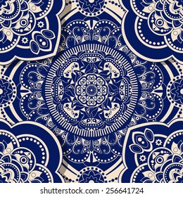 Two colors vector geometric pattern. Light indian ornament. Drawn blue stylized flowers and circle shapes. Arabian wallpaper. Shadow effect. Design for fabric, textile, cover, wrapping paper