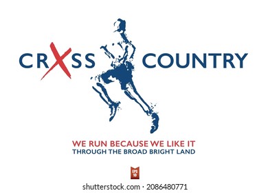 Two colour banner of a brush illustration of a runner with the title Cross Country and a phrase underneath. The 'O' of 'Cross' has been replaced with a brush cross in it's place for a play on words