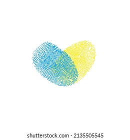 Two colour finger prints blue and yellow. Heart shape with fingerprints Ukrainian colours isolated on white background